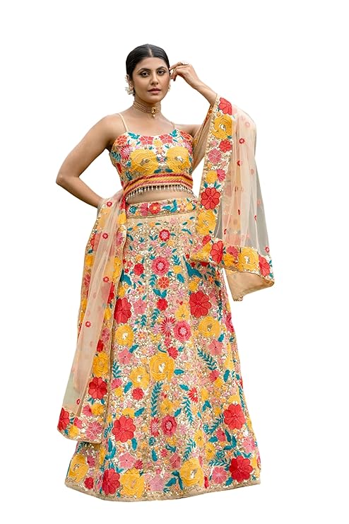 Women's Georgette Semi Stitched Lehenga Choli With Dupatta | Thread And Sequin Embroidery Pattern