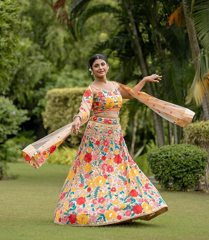Women's Georgette Semi Stitched Lehenga Choli With Dupatta | Thread And Sequin Embroidery Pattern - Image 6