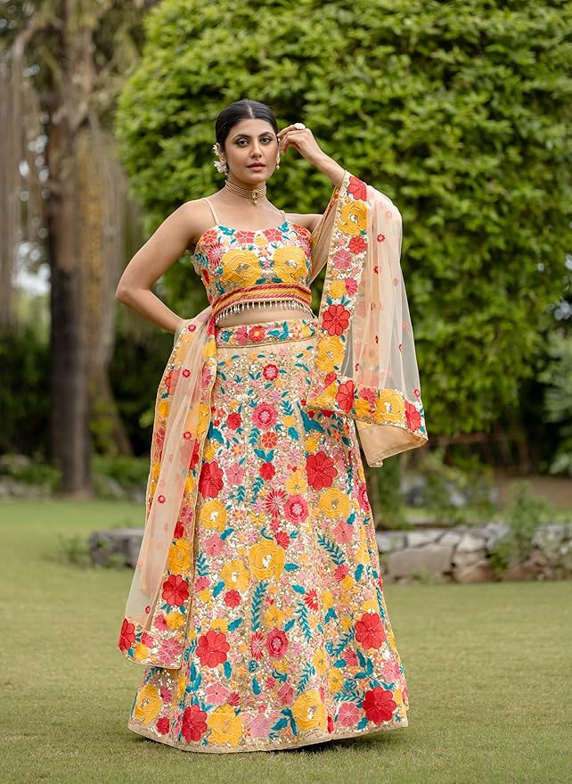 Women's Georgette Semi Stitched Lehenga Choli With Dupatta | Thread And Sequin Embroidery Pattern - Image 4