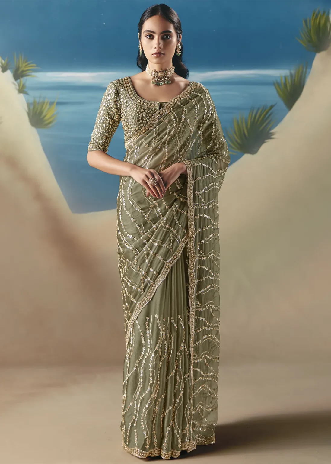 Designer Sage Green Embellished Saree with Sequin Work - Image 7